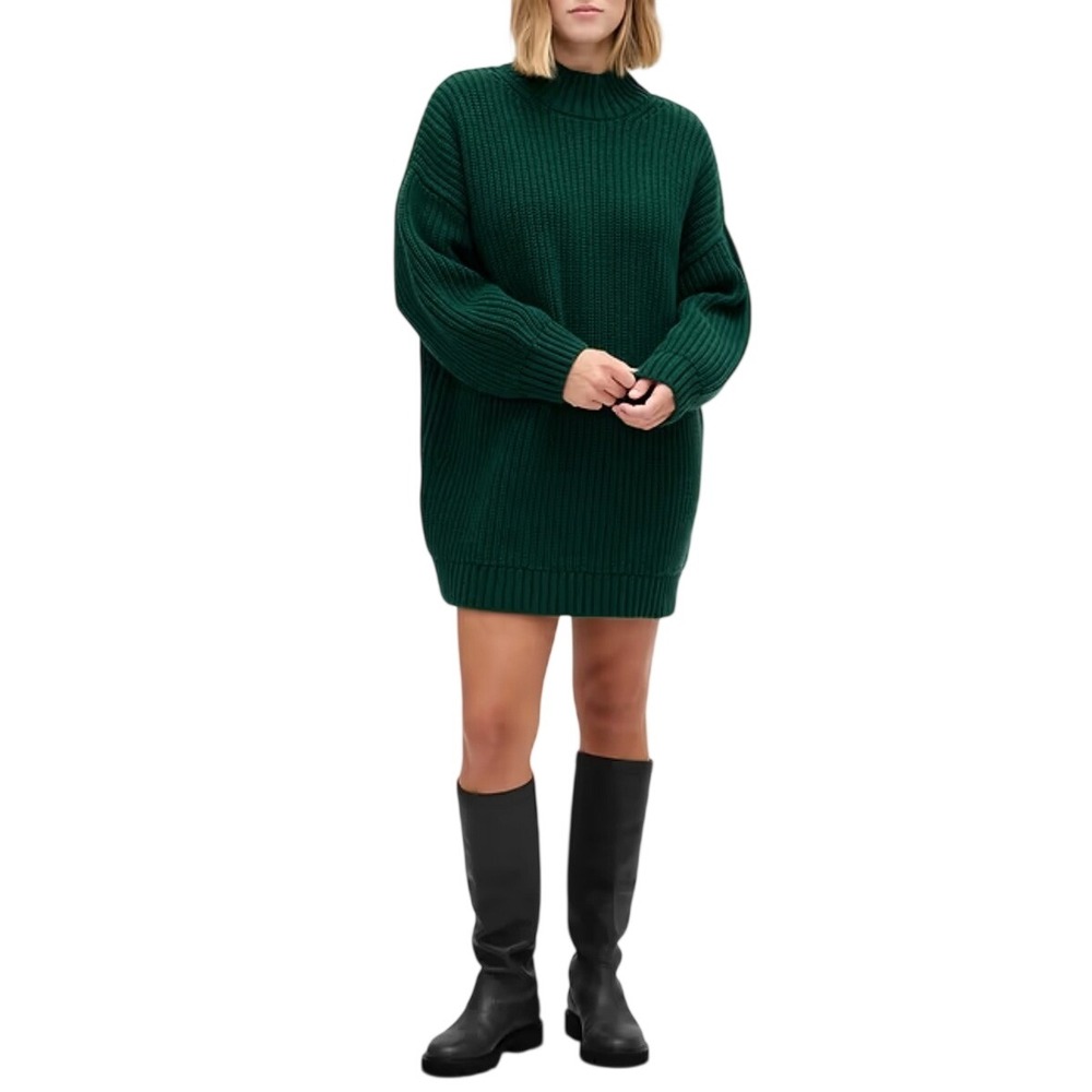 Oversized MT Rib Knit Sweater Dress Forest Green Mock Neck Fisherman Earthy NWT